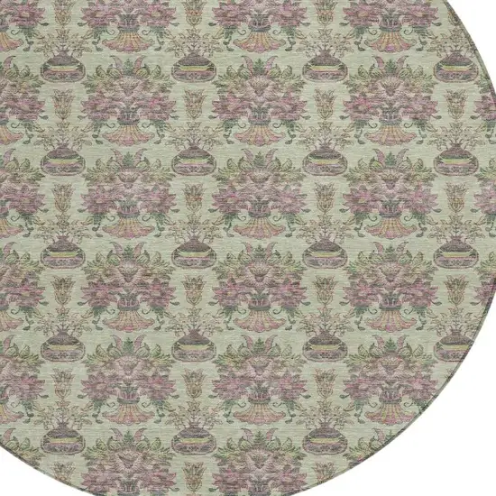 8' Green And Beige Round Floral Washable Indoor Outdoor Area Rug Photo 5