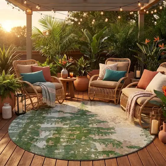 8' Green And Beige Round Floral Washable Indoor Outdoor Area Rug Photo 1
