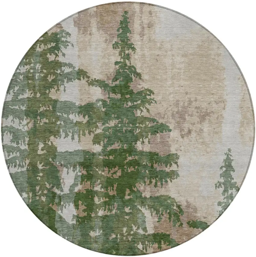 8' Green And Beige Round Floral Washable Indoor Outdoor Area Rug Photo 2