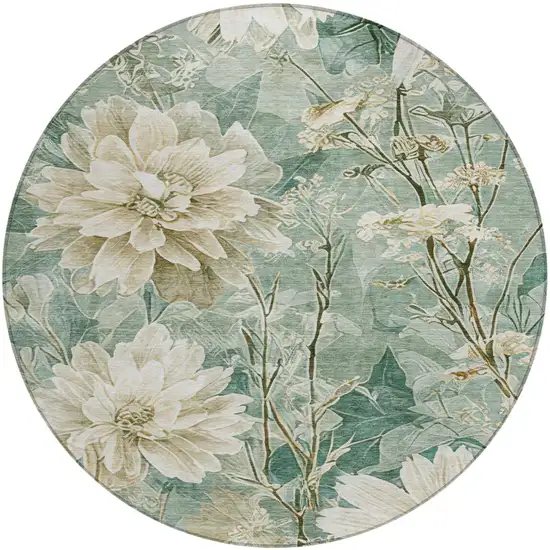 8' Green And Beige Round Floral Washable Indoor Outdoor Area Rug Photo 1