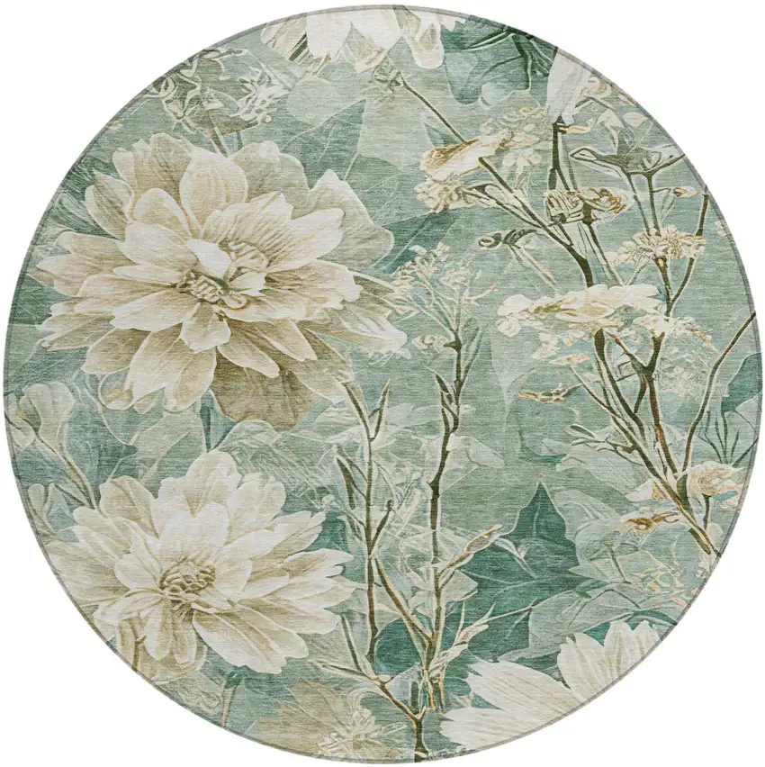 8' Green And Beige Round Floral Washable Indoor Outdoor Area Rug Photo 1