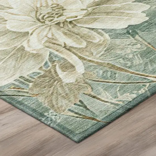 8' Green And Beige Round Floral Washable Indoor Outdoor Area Rug Photo 9