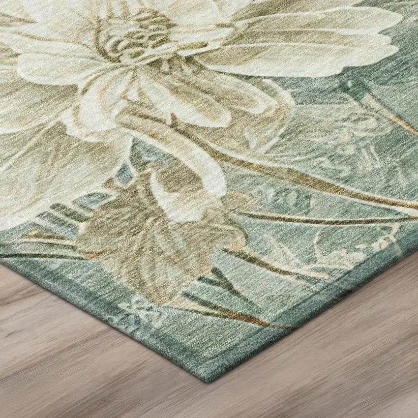 8' Green And Beige Round Floral Washable Indoor Outdoor Area Rug Photo 9