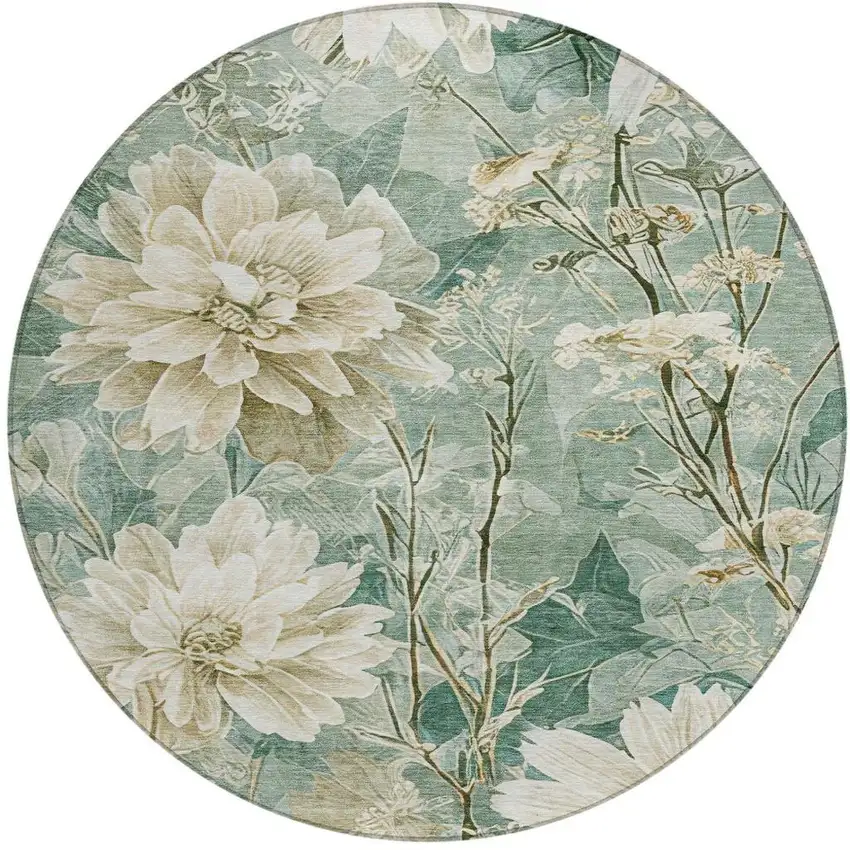8' Green And Beige Round Floral Washable Indoor Outdoor Area Rug Photo 9