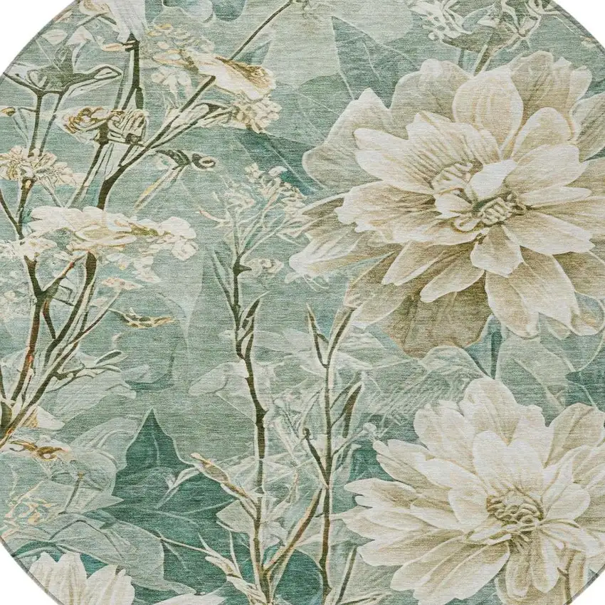 8' Green And Beige Round Floral Washable Indoor Outdoor Area Rug Photo 3
