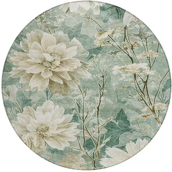 8' Green And Beige Round Floral Washable Indoor Outdoor Area Rug Photo 4
