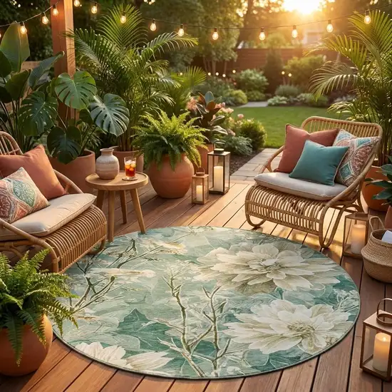 8' Green And Beige Round Floral Washable Indoor Outdoor Area Rug Photo 1