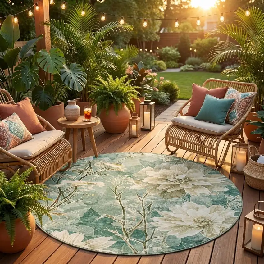 8' Green And Beige Round Floral Washable Indoor Outdoor Area Rug Photo 1