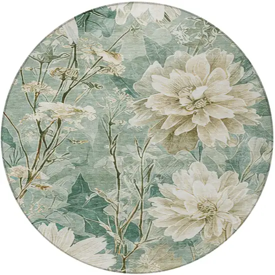 8' Green And Beige Round Floral Washable Indoor Outdoor Area Rug Photo 2