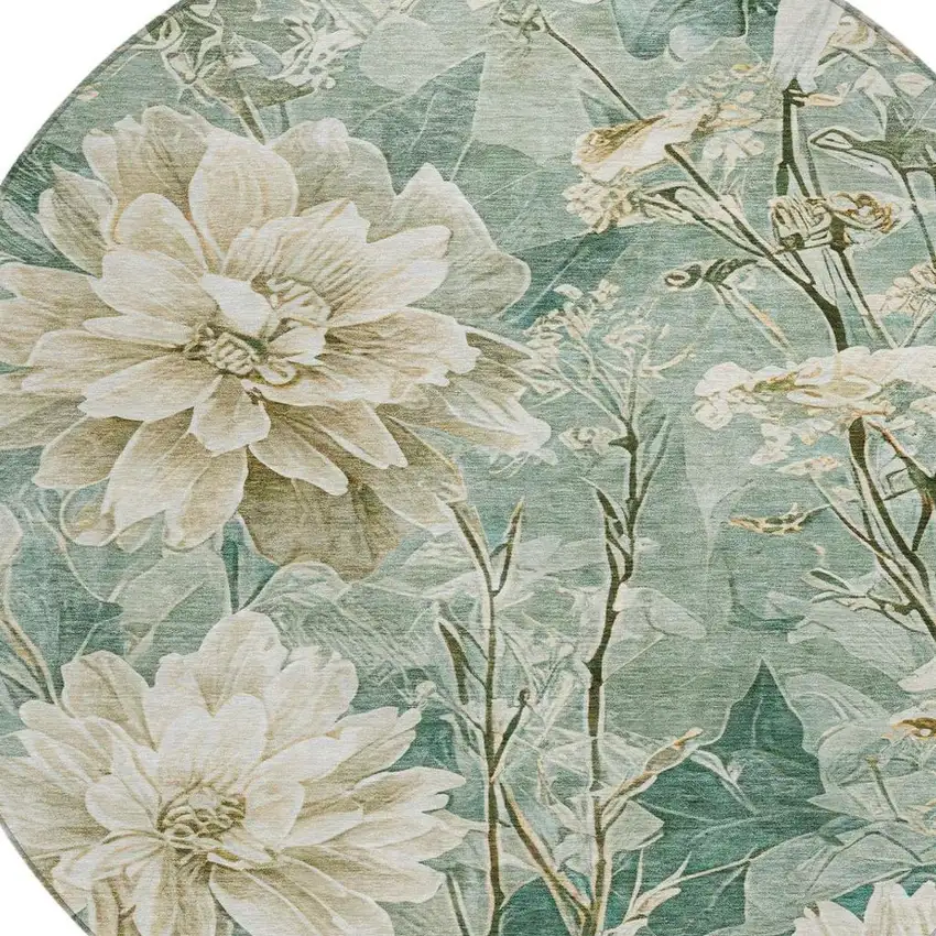 8' Green And Beige Round Floral Washable Indoor Outdoor Area Rug Photo 7