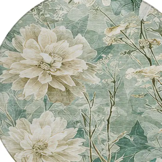 8' Green And Beige Round Floral Washable Indoor Outdoor Area Rug Photo 6