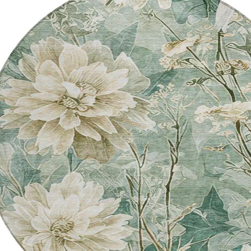 8' Green And Beige Round Floral Washable Indoor Outdoor Area Rug Photo 6