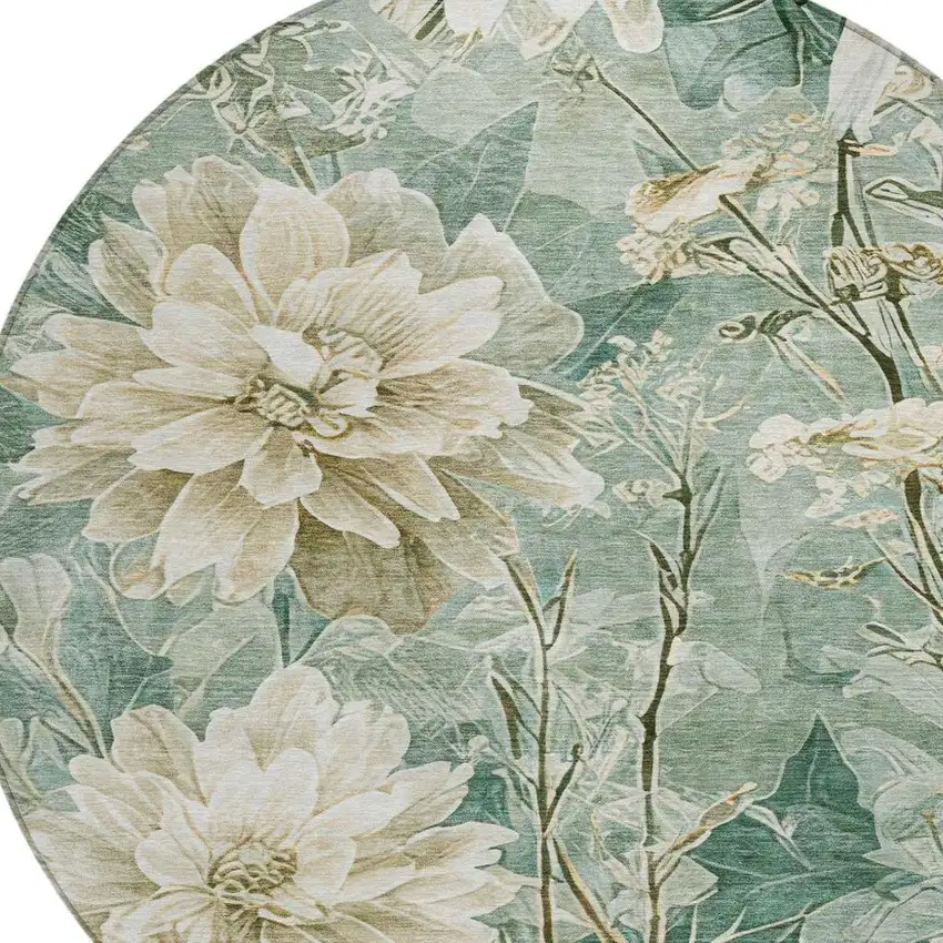 8' Green And Beige Round Floral Washable Indoor Outdoor Area Rug Photo 5