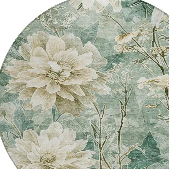 8' Green And Beige Round Floral Washable Indoor Outdoor Area Rug Photo 8