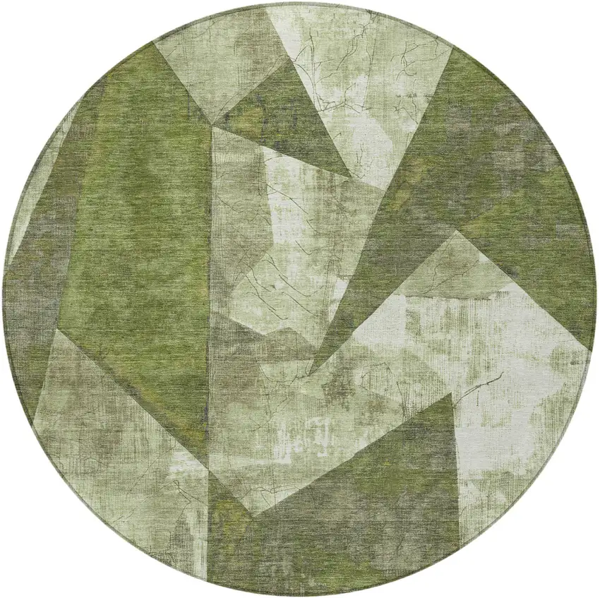 8' Green And Beige Round Geometric Washable Indoor Outdoor Area Rug Photo 3