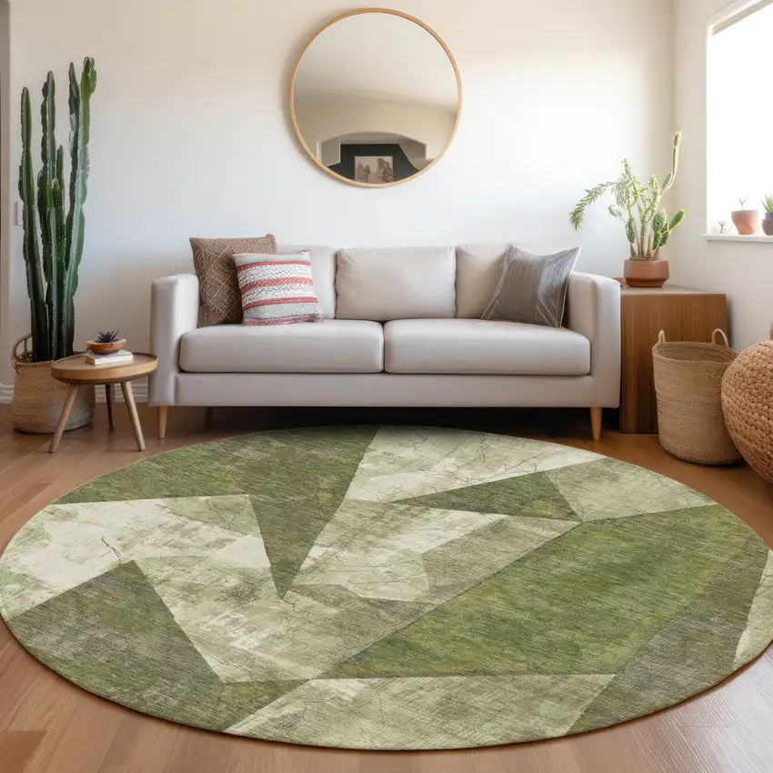 8' Green And Beige Round Geometric Washable Indoor Outdoor Area Rug Photo 6
