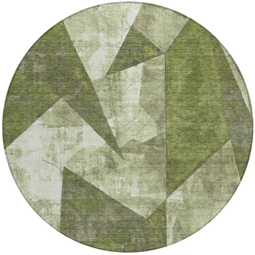 8' Green And Beige Round Geometric Washable Indoor Outdoor Area Rug Photo 4