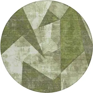 Photo of 8' Green And Beige Round Geometric Washable Indoor Outdoor Area Rug