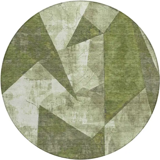 8' Green And Beige Round Geometric Washable Indoor Outdoor Area Rug Photo 1