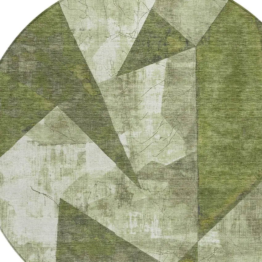 8' Green And Beige Round Geometric Washable Indoor Outdoor Area Rug Photo 8