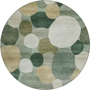 Photo of 8' Green And Beige Round Geometric Washable Indoor Outdoor Area Rug