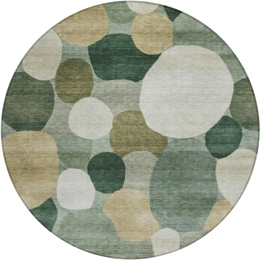 8' Green And Beige Round Geometric Washable Indoor Outdoor Area Rug Photo 1