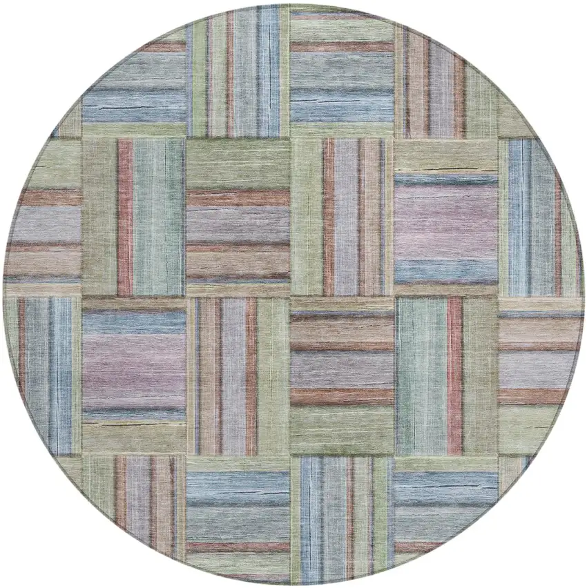 8' Green And Beige Round Geometric Washable Indoor Outdoor Area Rug Photo 2