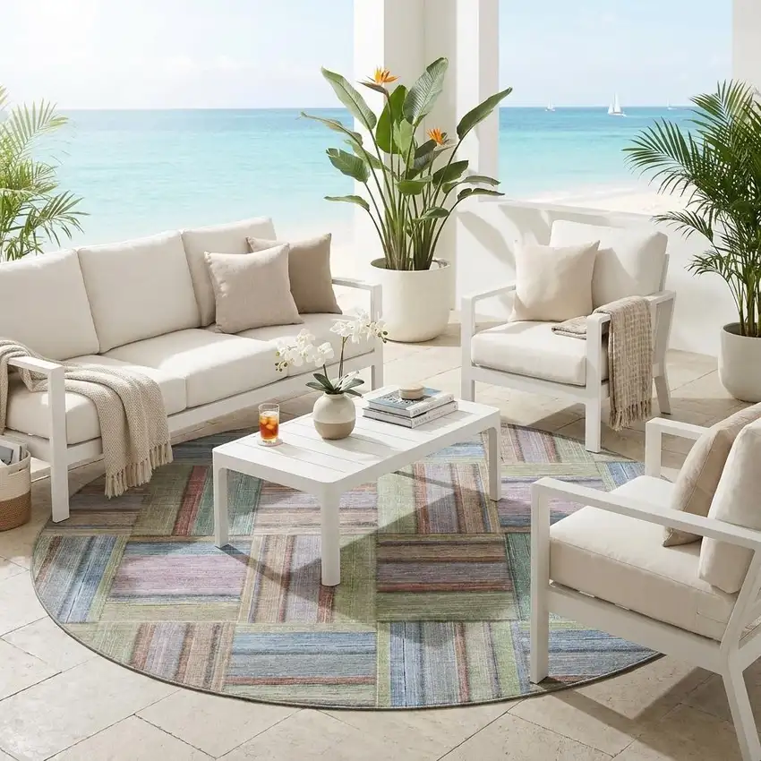 8' Green And Beige Round Geometric Washable Indoor Outdoor Area Rug Photo 1
