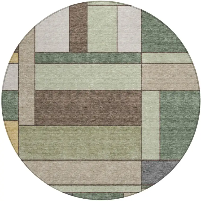 8' Green And Beige Round Geometric Washable Indoor Outdoor Area Rug Photo 2