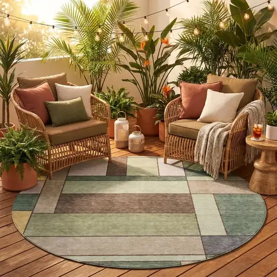 8' Green And Beige Round Geometric Washable Indoor Outdoor Area Rug Photo 1