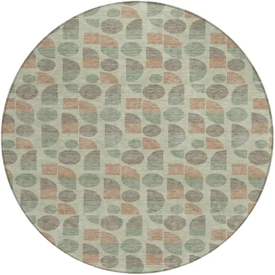 8' Green And Beige Round Geometric Washable Indoor Outdoor Area Rug Photo 1