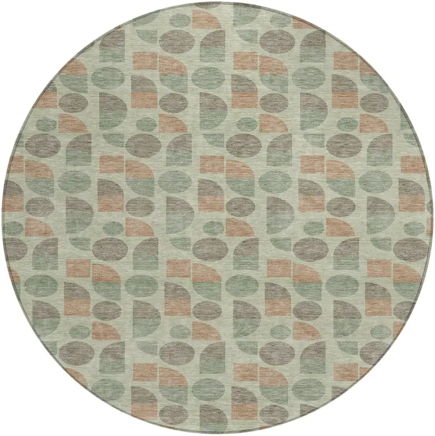 8' Green And Beige Round Geometric Washable Indoor Outdoor Area Rug Photo 1