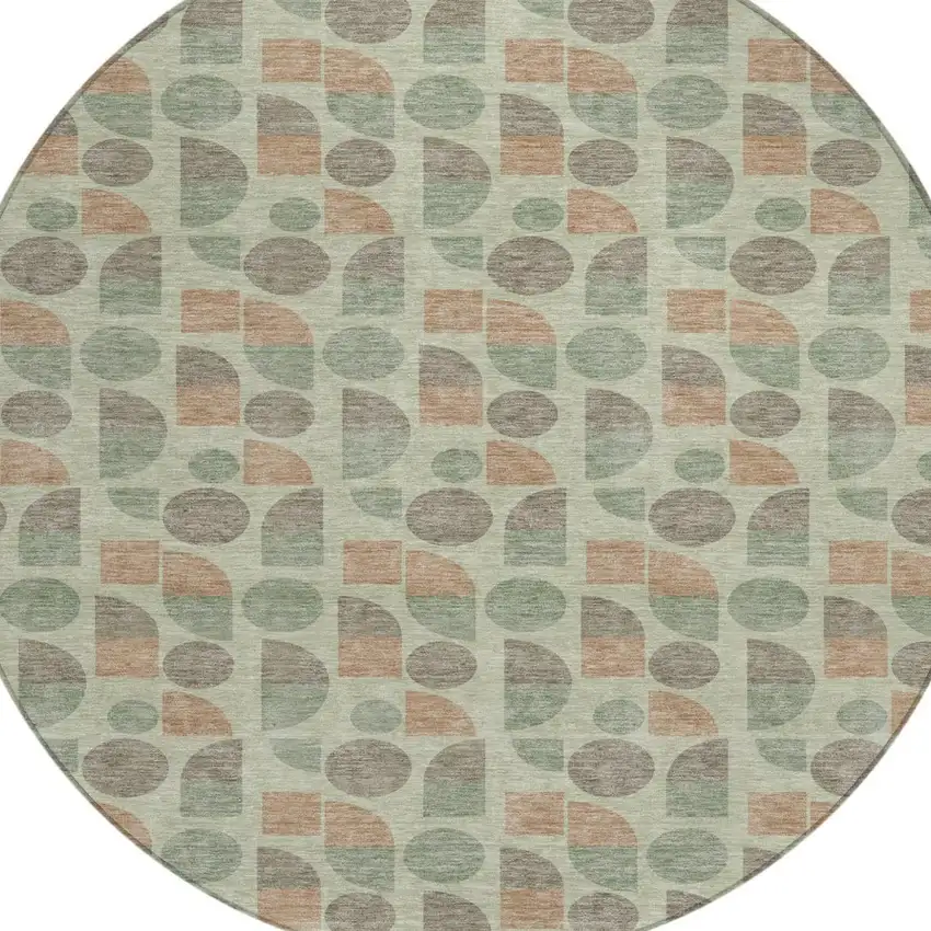 8' Green And Beige Round Geometric Washable Indoor Outdoor Area Rug Photo 2
