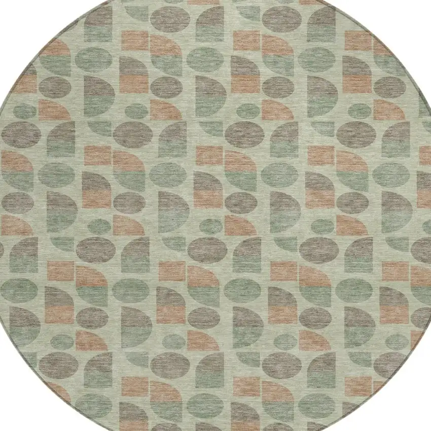 8' Green And Beige Round Geometric Washable Indoor Outdoor Area Rug Photo 3