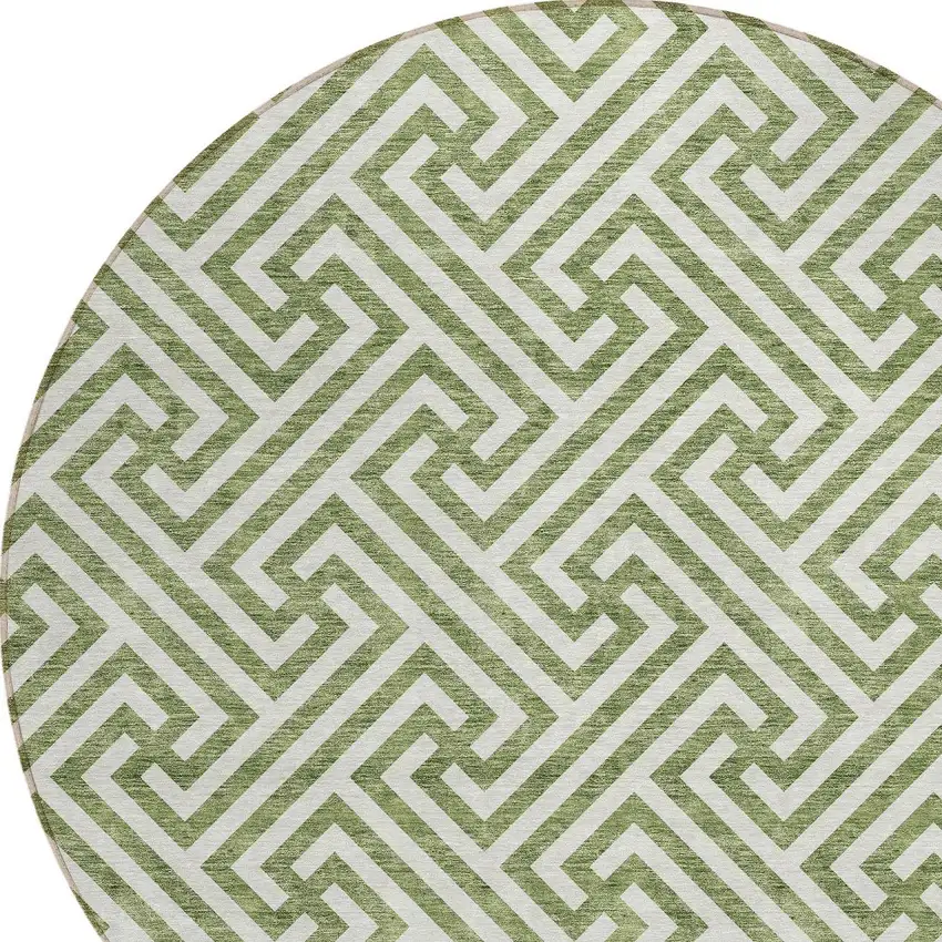8' Green And Beige Round Geometric Washable Indoor Outdoor Area Rug Photo 5