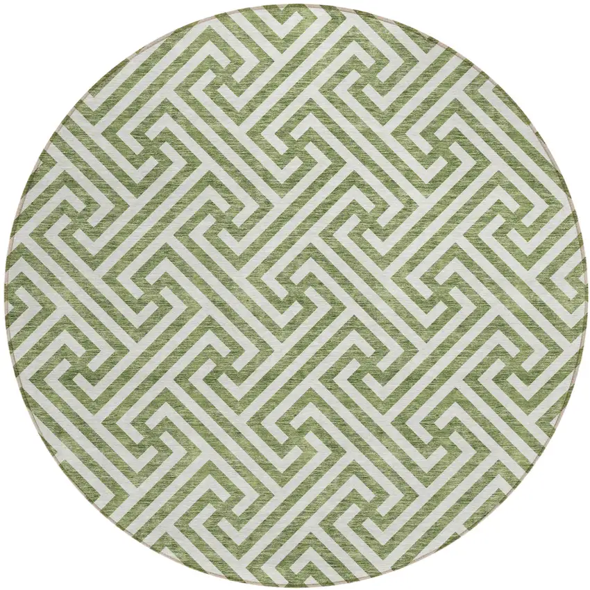 8' Green And Beige Round Geometric Washable Indoor Outdoor Area Rug Photo 2