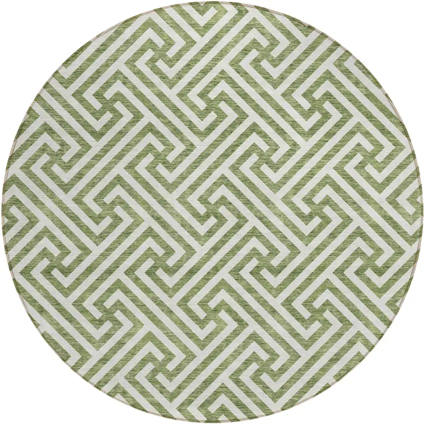 8' Green And Beige Round Geometric Washable Indoor Outdoor Area Rug Photo 2