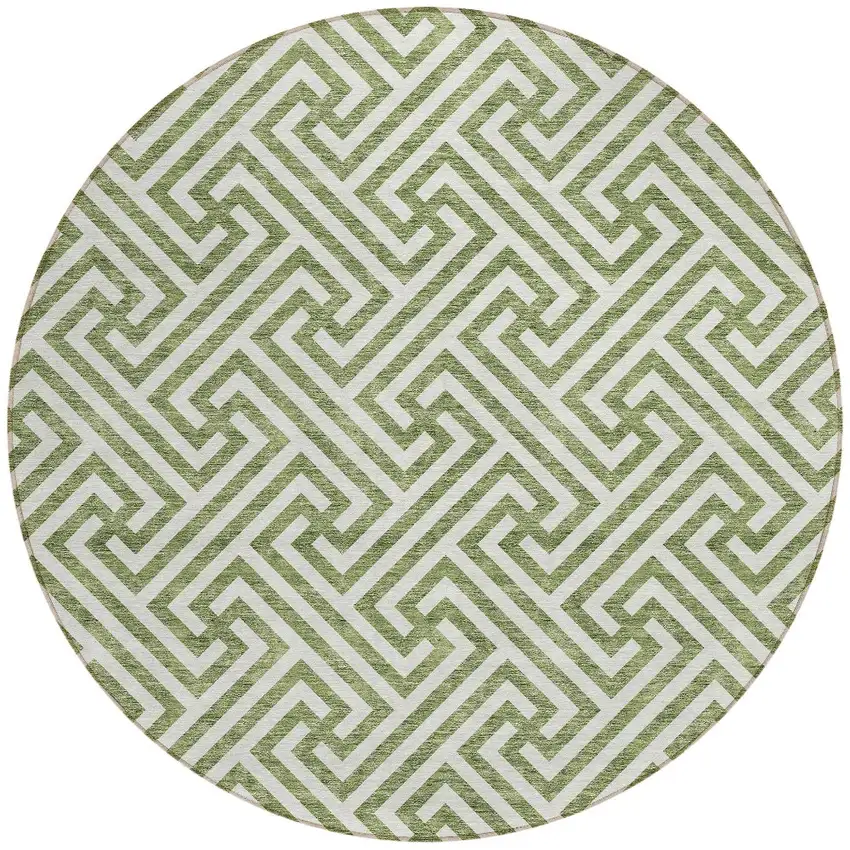 8' Green And Beige Round Geometric Washable Indoor Outdoor Area Rug Photo 7