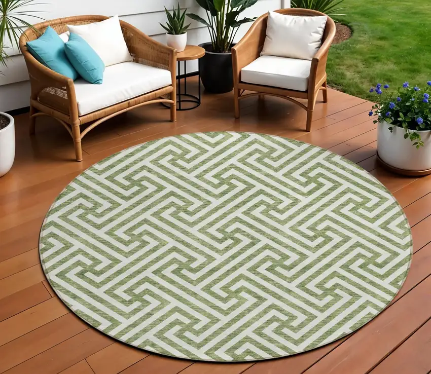 8' Green And Beige Round Geometric Washable Indoor Outdoor Area Rug Photo 1