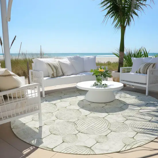 8' Green And Beige Round Geometric Washable Indoor Outdoor Area Rug Photo 6