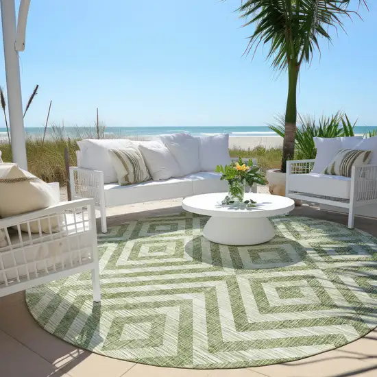 8' Green And Beige Round Geometric Washable Indoor Outdoor Area Rug Photo 6