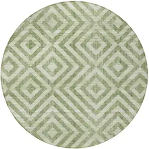 Photo of 8' Green And Beige Round Geometric Washable Indoor Outdoor Area Rug