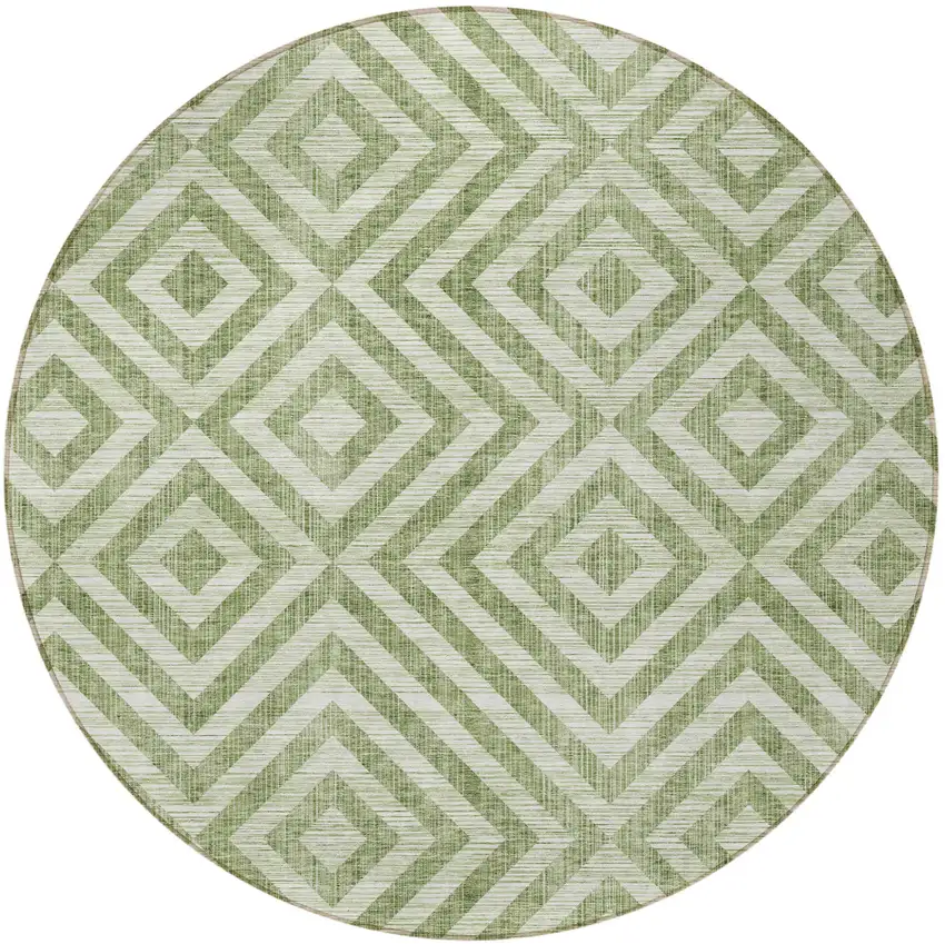 8' Green And Beige Round Geometric Washable Indoor Outdoor Area Rug Photo 5