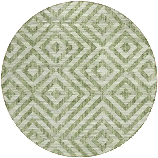 8' Green And Beige Round Geometric Washable Indoor Outdoor Area Rug Photo 1