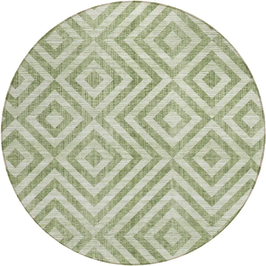 8' Green And Beige Round Geometric Washable Indoor Outdoor Area Rug Photo 1