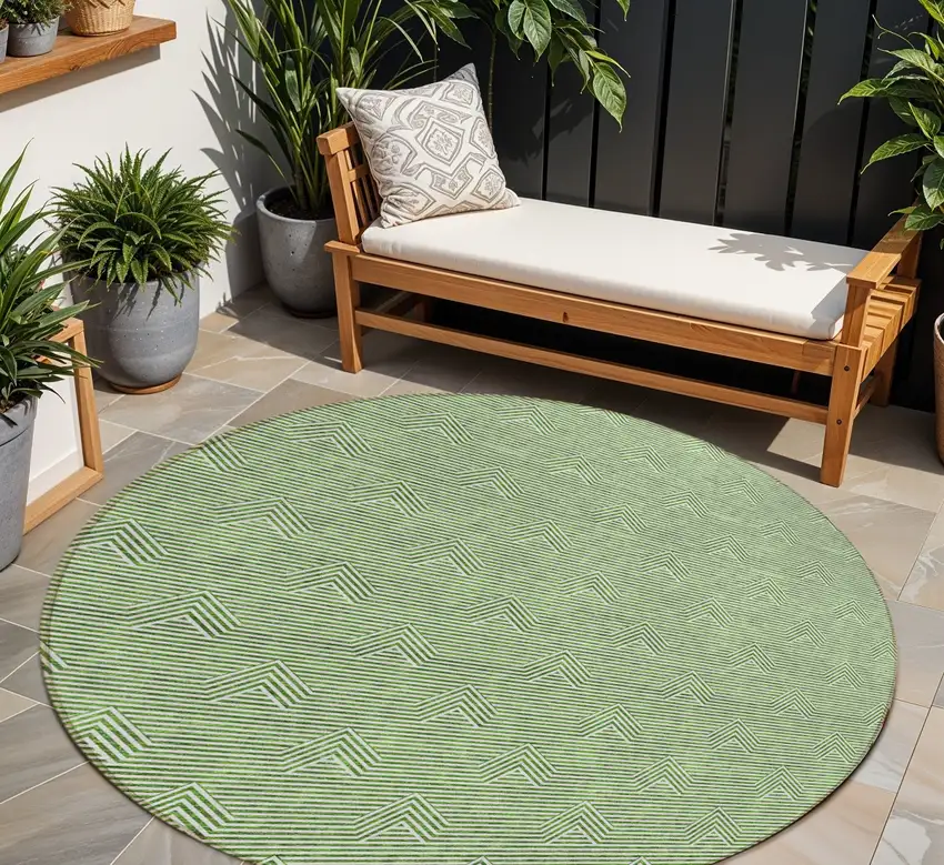 8' Green And Beige Round Geometric Washable Indoor Outdoor Area Rug Photo 1