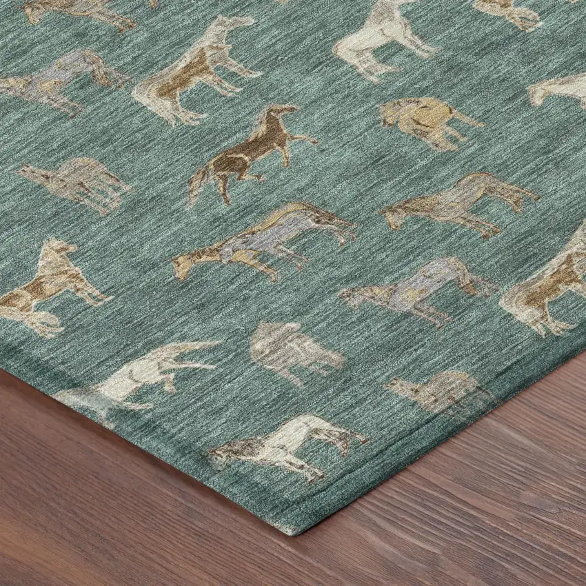 8' Green And Beige Round Horse Washable Indoor Outdoor Area Rug Photo 5
