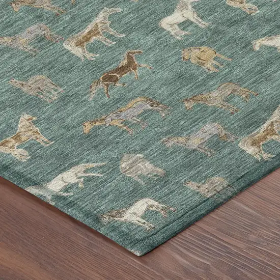 8' Green And Beige Round Horse Washable Indoor Outdoor Area Rug Photo 5
