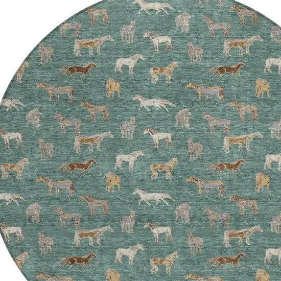 8' Green And Beige Round Horse Washable Indoor Outdoor Area Rug Photo 3