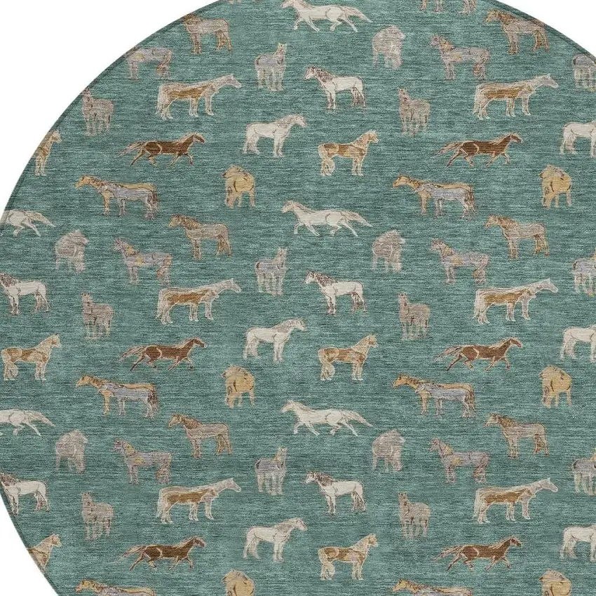 8' Green And Beige Round Horse Washable Indoor Outdoor Area Rug Photo 3